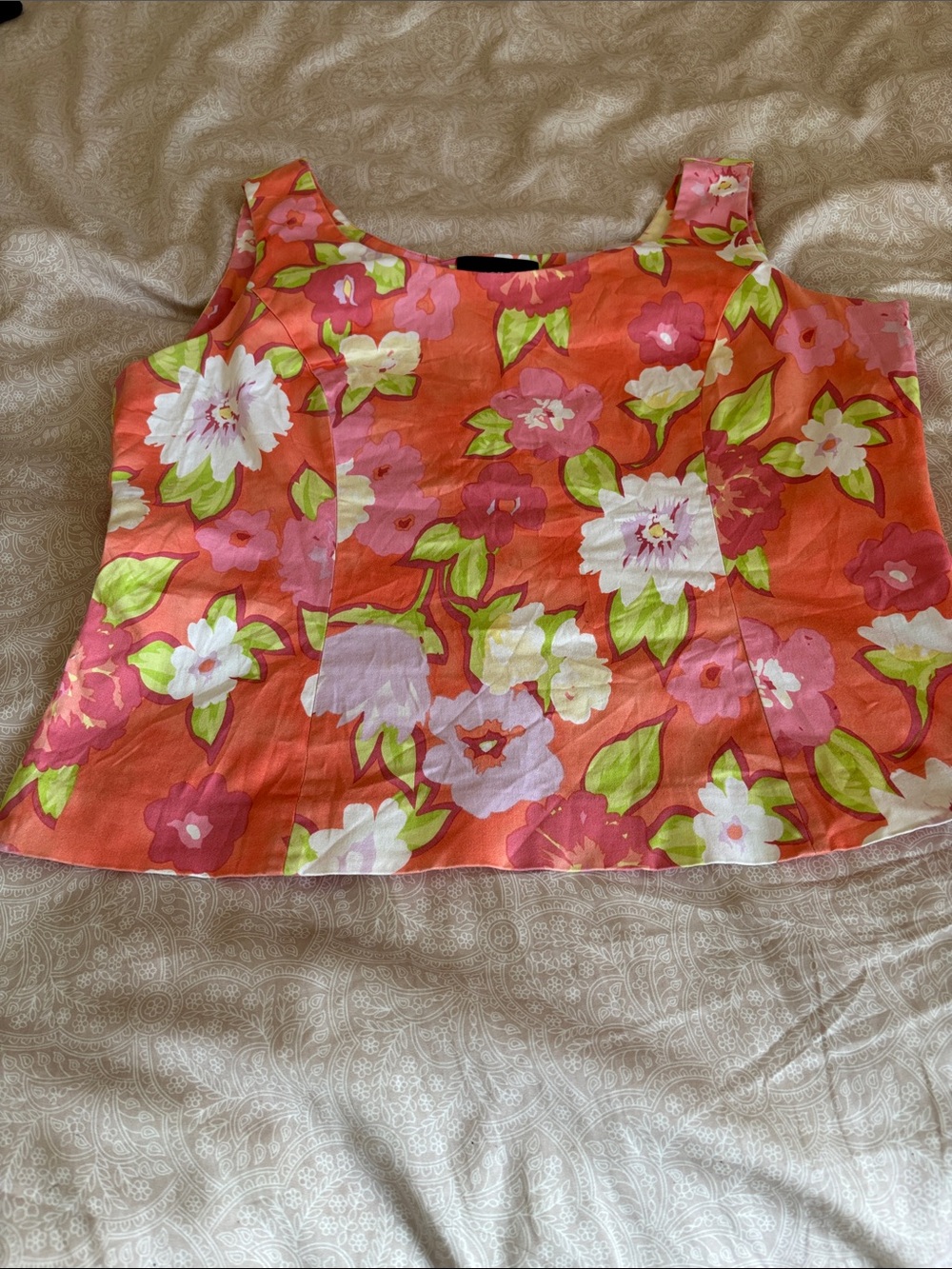 Kasper Coral, Pink and Lime Floral  Cropped Blouse